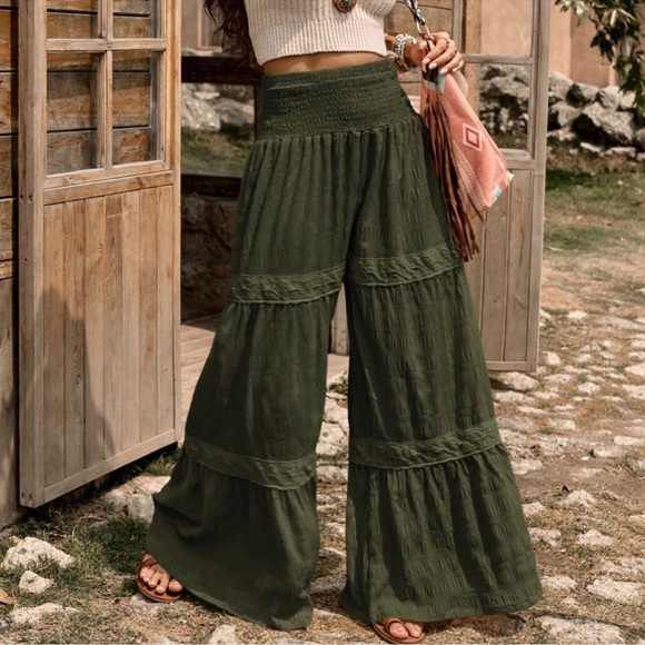 Bohemian Olive Textured Fabric Wide Leg Pants S M L XL